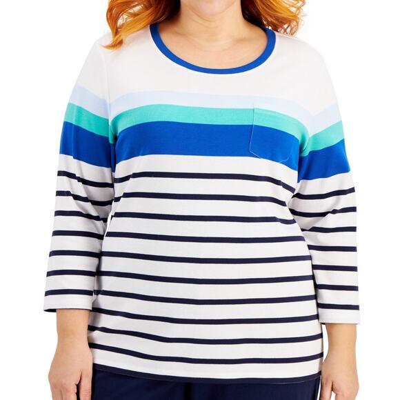 Karen Scott Sport Womens Striped Top Size 2X 3/4-Sleeve Boatneck White/Blue New - Picture 2 of 7